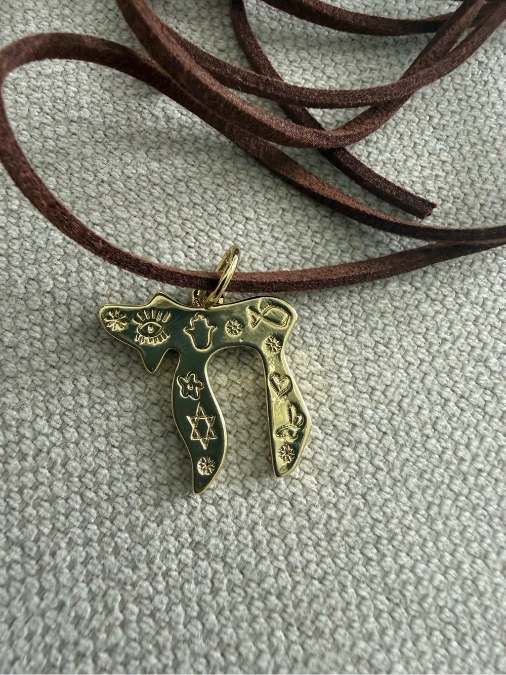 Gold-tone Chai Hebrew Letter Symbol Pendant on Brown Suede Cord